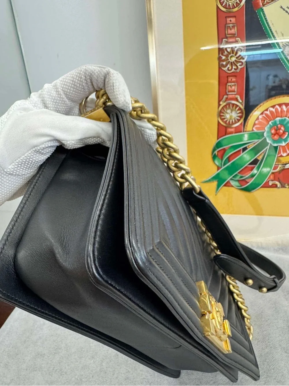 CHANEL Black Chevron Lambskin LeBoy Shoulder Bag with Gold Hardware